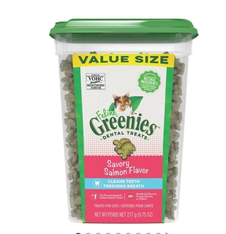 FELINE GREENIES Adult Dental Cat Treats Savory Salmon Flavor 9.75 oz. Tub