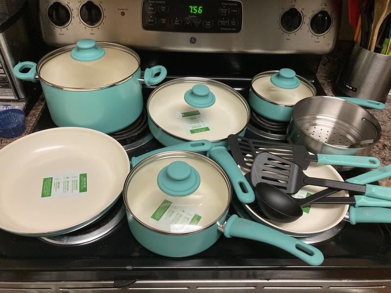 GreenLife Soft Grip Healthy Ceramic Nonstick, 15 Piece Cookware Pots and  Pans Set, Induction, PFAS-Free, Dishwasher Safe, Turquoise