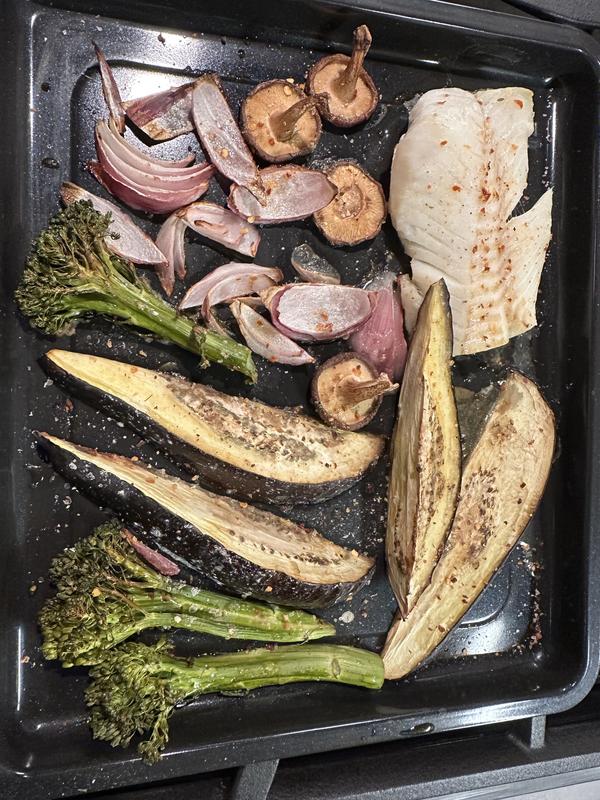 Cod with eggplant, shiitake mushrooms, broccolini, and onions