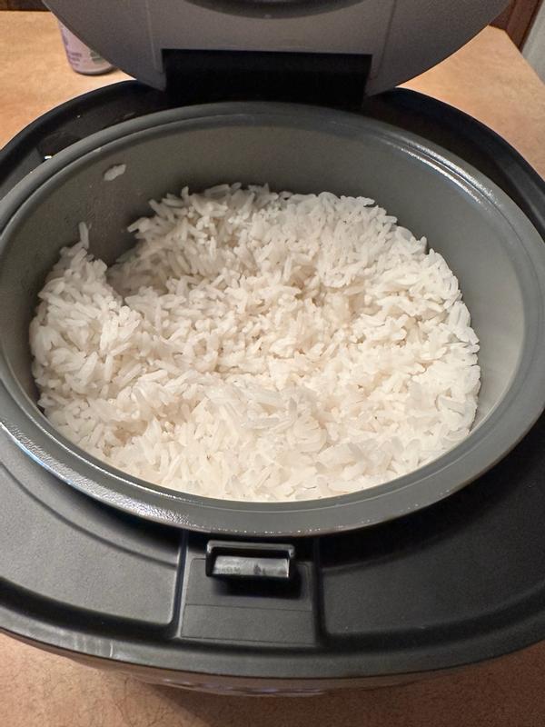 Customer photo for "Compact, stylish rice cooker that cooks up to 8 cups perfectly, is easy to use, and delivers great results even with my little user error!"