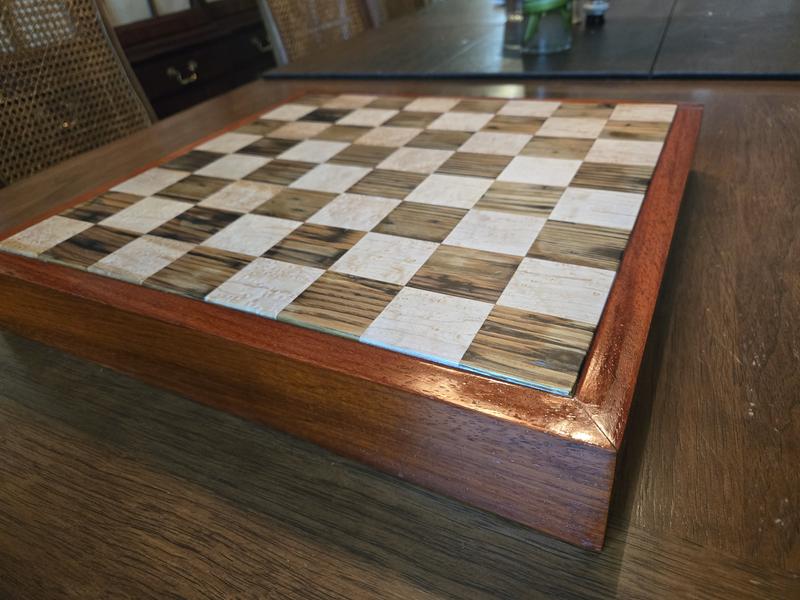 American Chestnut, Birdseye Maple and Padauk chessboard