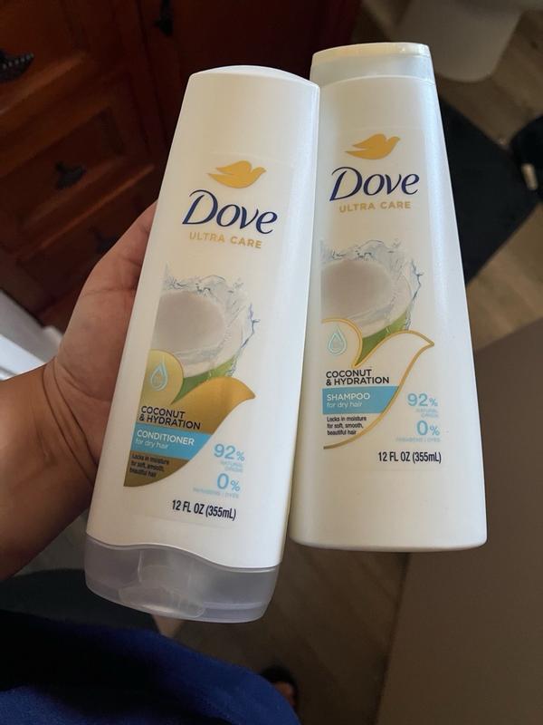 Dove Coconut + Hydration Shampoo nourishes and hydrates dry hair made with  92% natural origin ingredients 355 ml