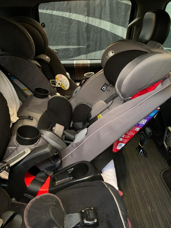 22 month old enjoys the seat| Three across car seat in the middle| Secured in F150| 5 year old testing the fit| Tested on 5 year old| Easy angle adjustments