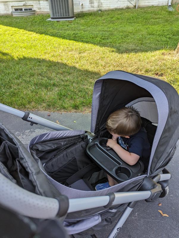 Lots of foot room with zip out well for cleaning| Side pocket holds small child cup but not adult waterbottle| Sufficient spf50 sun coverage| Plenty of head room for my three year old| We are big fans!| Spacious storage basket