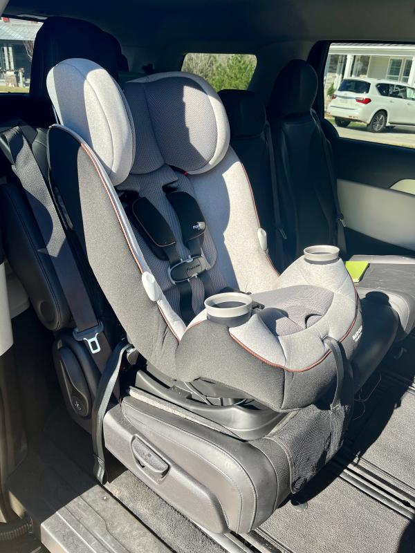 On/Off switch for fan (once flipped on, it will start automatically in hot temps)| Cord routed under floor mat and plugged into center console| Front-facing with a tall 5.5 year old| Installed front facing| Rear-facing with a tall two year old