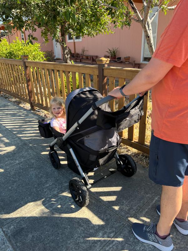 Adjustable handles so my tall husband can comfortably push it| 2 happy kiddos headed to the park| Fits grocery bags with ease along with one kiddo!