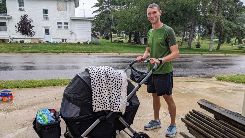 Testing out the uphill capabilities.| Folds easy and compact.| Box description- Footwell "zips out for easy cleaning or for optimal storage." No instructions in the manual.| Wheels for all-terrian.| Nature park outing.| Caught in the rain-towel covering the gap.| Still dry!| Splash pad with my 5 & 3 year olds.| Loaded up for the pool!| Caught in the rain- notice the gap between the canopies.| Pushing the girls at a nature park.