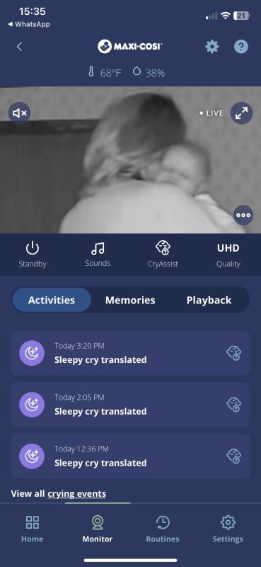 Video footage zoomed out. Full screen.| Video footage zoomed in. Full screen.| Breakdown of the CryAssist analysis on screen.| Standard view from app, video zoomed in. Thus was how I could figure out whether my baby was just calm or actually falling asleep!