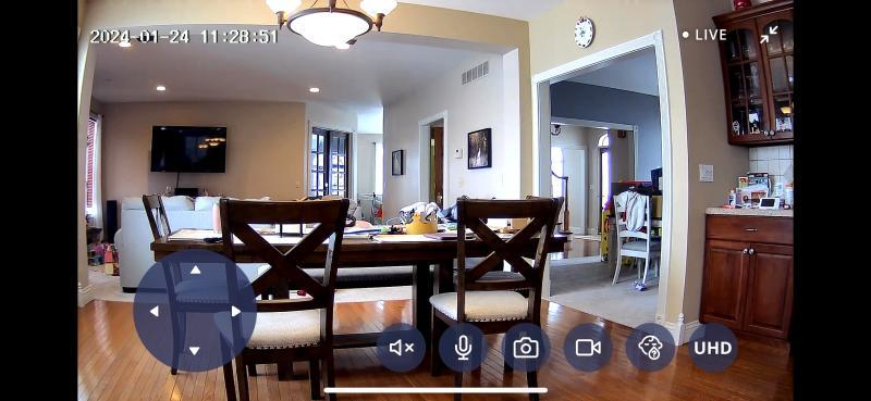 First use in kitchen with the parent device| App view| App view of camera in the kitchen| The camera| Live video feed from app in full screen