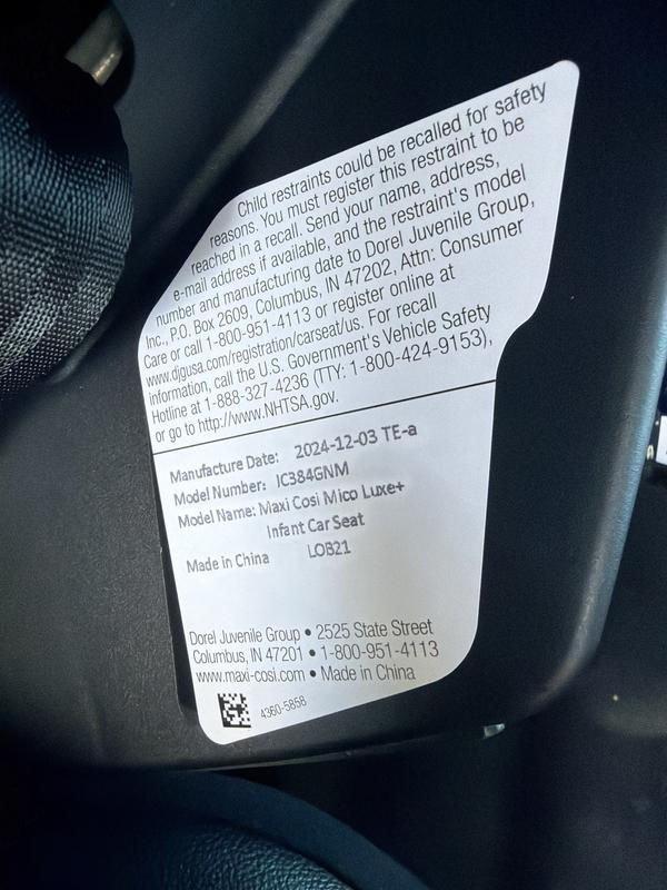 Car seat Bass with data manufacturer of 12 2024 again purchased August 2026.