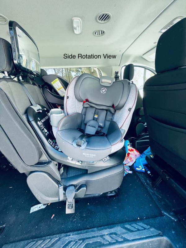 Seat Off of Cradle during Install| 3 Year Old Rear Facing| 5 Year Old Forward Facing| Tightness and Install Directions on Base| Infant Rear Reclined| 5 Year Old Rear Facing| 3 Year Old Forward Facing| Side Rotation View| Unremovable Buckle