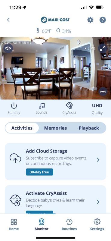 First use in kitchen with the parent device| App view| App view of camera in the kitchen| The camera| Live video feed from app in full screen