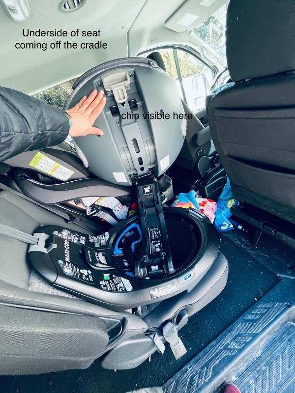 Seat Off of Cradle during Install| 3 Year Old Rear Facing| 5 Year Old Forward Facing| Tightness and Install Directions on Base| Infant Rear Reclined| 5 Year Old Rear Facing| 3 Year Old Forward Facing| Side Rotation View| Unremovable Buckle