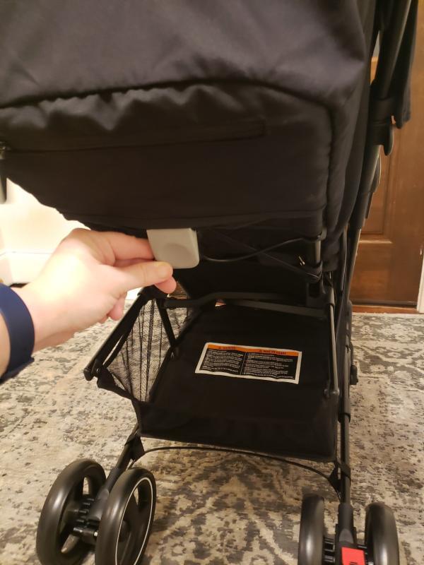 Adjustable footrest| Love the cupholder adapter included! Mesh window is great too.| Padded body and straps for comfort, large canopy for sun protection| This shows the adapters in place| Recline positions are adjustable| Love the zippered pouch!| Decent size for compact stroller, but my main diaper bag is too large.