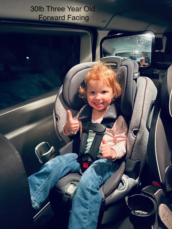 Seat Off of Cradle during Install| 3 Year Old Rear Facing| 5 Year Old Forward Facing| Tightness and Install Directions on Base| Infant Rear Reclined| 5 Year Old Rear Facing| 3 Year Old Forward Facing| Side Rotation View| Unremovable Buckle