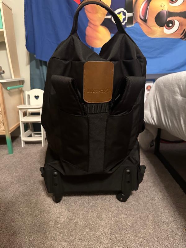 Front| Top| Back with straps tucked in| Wheels| Back with straps untucked