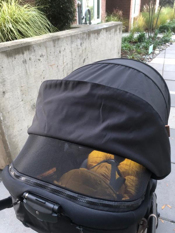 Vented Canopy| Carriage feature allows baby to sleep on our walks| Folded stroller| cup holder is an essential accessory
