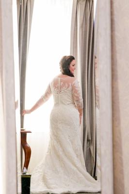 Oleg Cassini Illusion 3/4 Sleeve Wedding Dress | David's Bridal