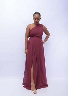 Long Chiffon Dress with Asymmetric Neckline