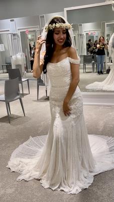 Swag sleeve layered outlet lace trumpet wedding dress