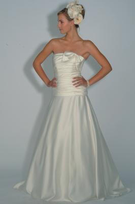 Strapless Satin Gown with Bow and Ruched Bodice