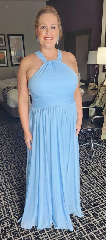 high-neck mesh bridesmaid dress with full skirt Mesh Bridesmaid Dress with High-Neck Halter