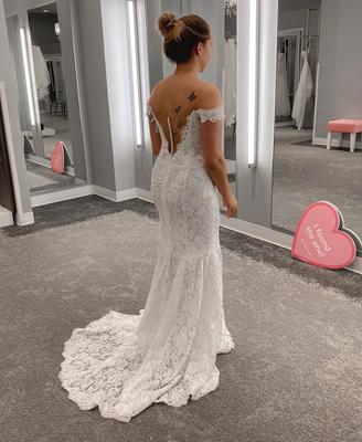 Off Shoulder Plunging Illusion Lace Wedding Dress