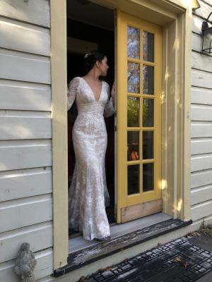 white by vera wang bell sleeve lace wedding dress