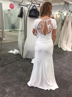 Crepe Sheath Gown with Embroidered Illusion Slit | David's