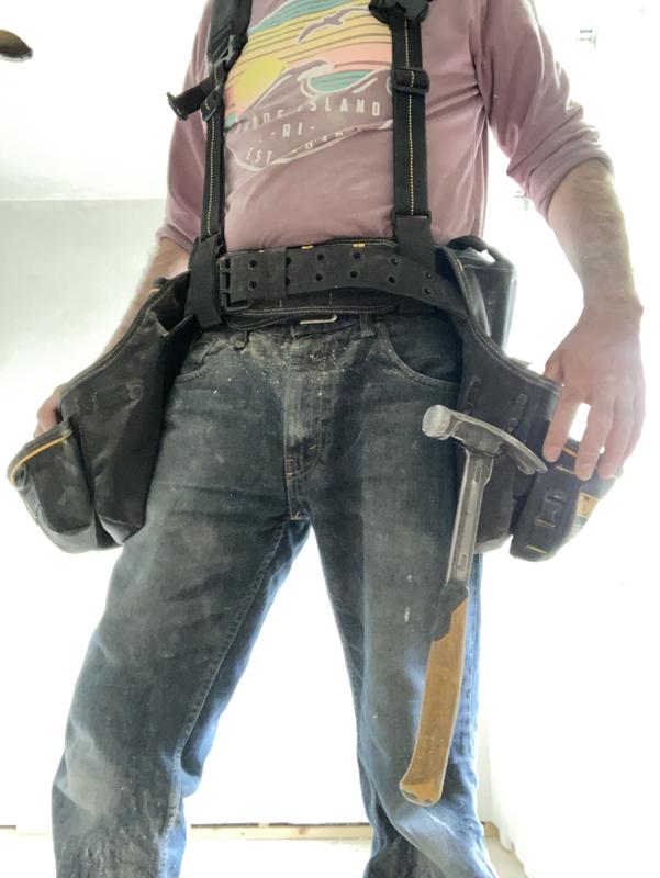 Wearing tool belt with dewalt suspenders (bought separately)