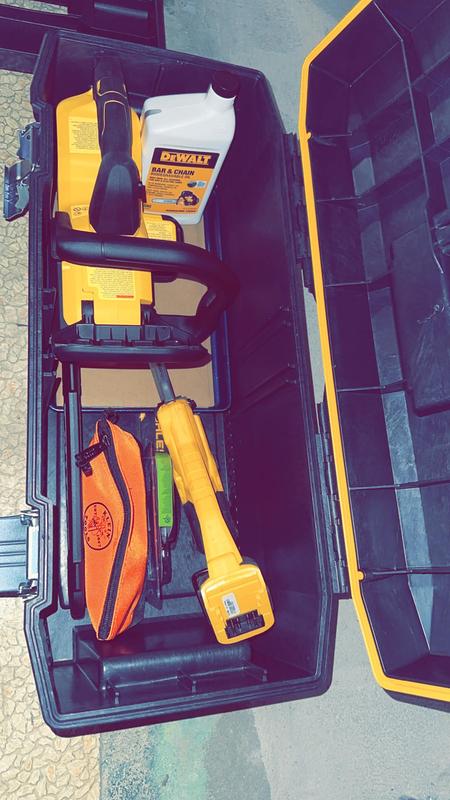 I keep it in my 28" water sealed toolbox with my 12" 20v chainsaw