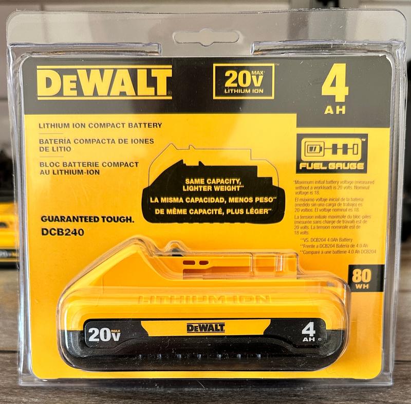 DEWALT, 20V MAX Compact Battery 4.0Ah 2-Pack, Volts 20 Battery Type Lithium- ion, Batteries (qty.) 2 Model# DCB240-2