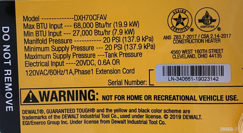 DeWalt Cordless Forced Air Liquid Propane Heater F340661 - 68,000