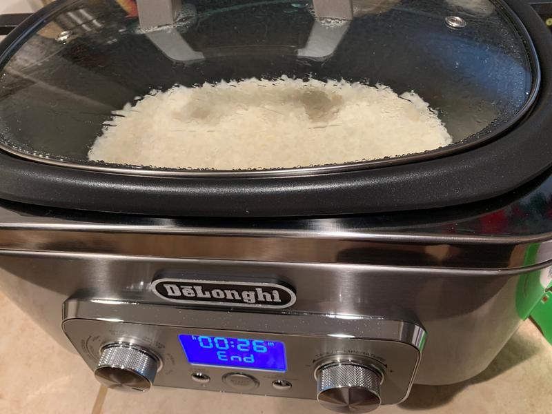 Rice cooks for as long as needed till it’s done. This was basmati long grain rice.