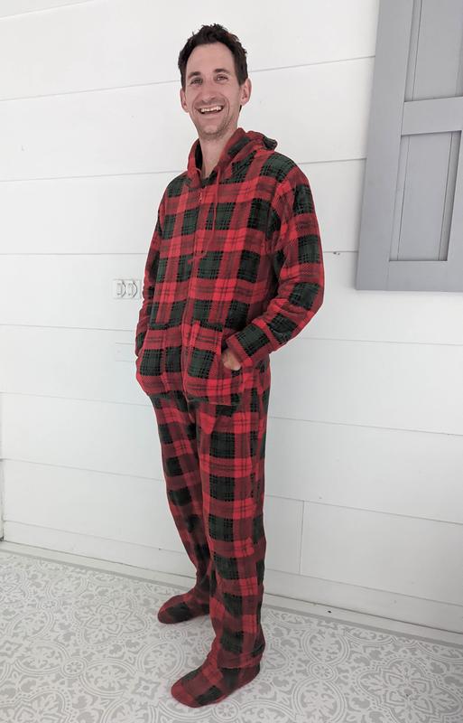 ADR Men's Hooded Footed Adult Onesie Pajamas Set, Plush Winter PJs with  Hood Gray Plaid 3X Large