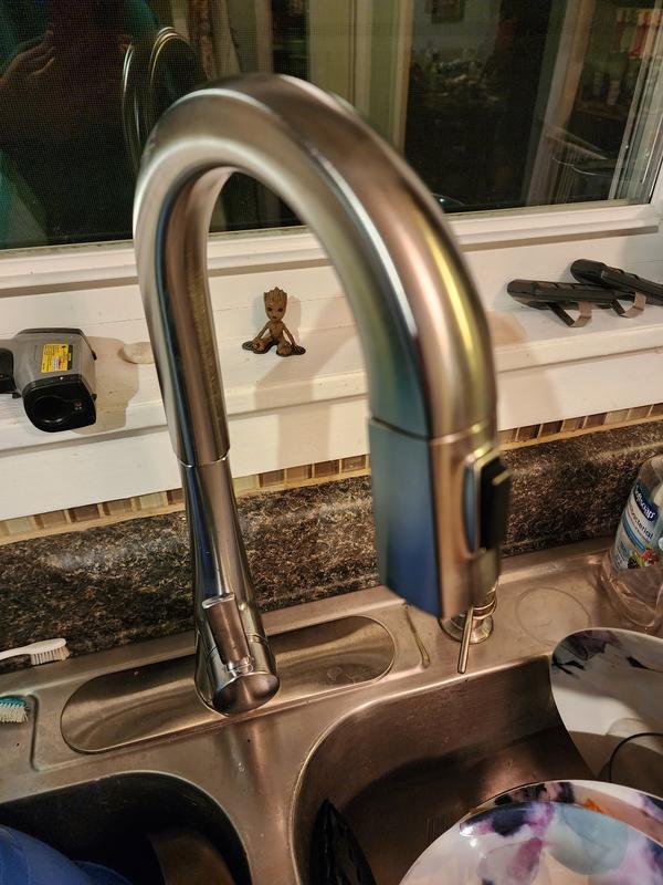 Delta Monrovia Single Handle Pull Down Sprayer Kitchen Faucet in Lumicoat Champagne  Bronze