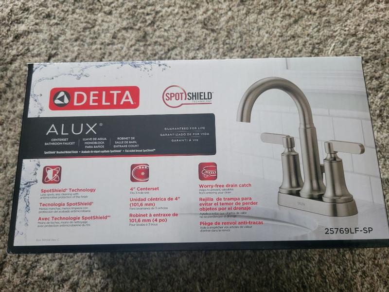 Delta Alux Spotshield Brushed Nickel 2-handle 4-in Centerset WaterSense Bathroom Sink Faucet with Drain Delta Alux Spotshield Brushed Nickel 2-handle 4-in Centerset WaterSense Bathroom Sink Faucet with Drain