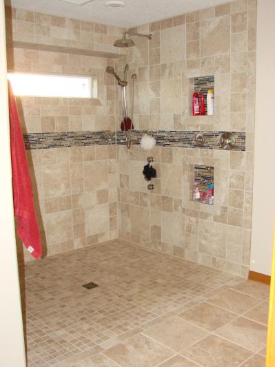 open design walk in shower with Delta rain head, body sprays and hand held