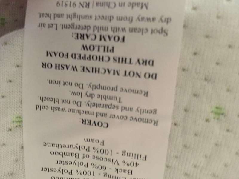 Care tag (Don’t launder Pillow)& Materials (Polyester, Viscose of Bamboo, Polyurethane Foam