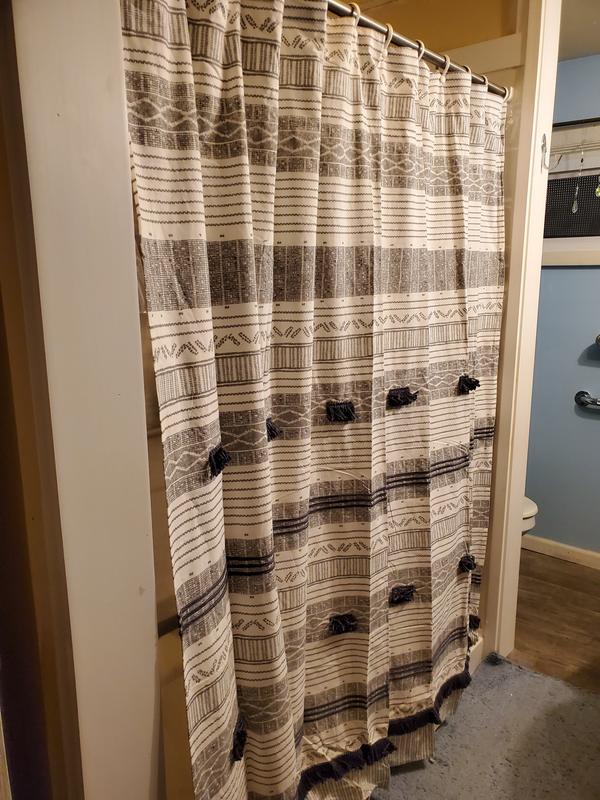 Cody Cotton Stripe Printed Shower Curtain with Tassel - Gray/Navy - INK+IVY