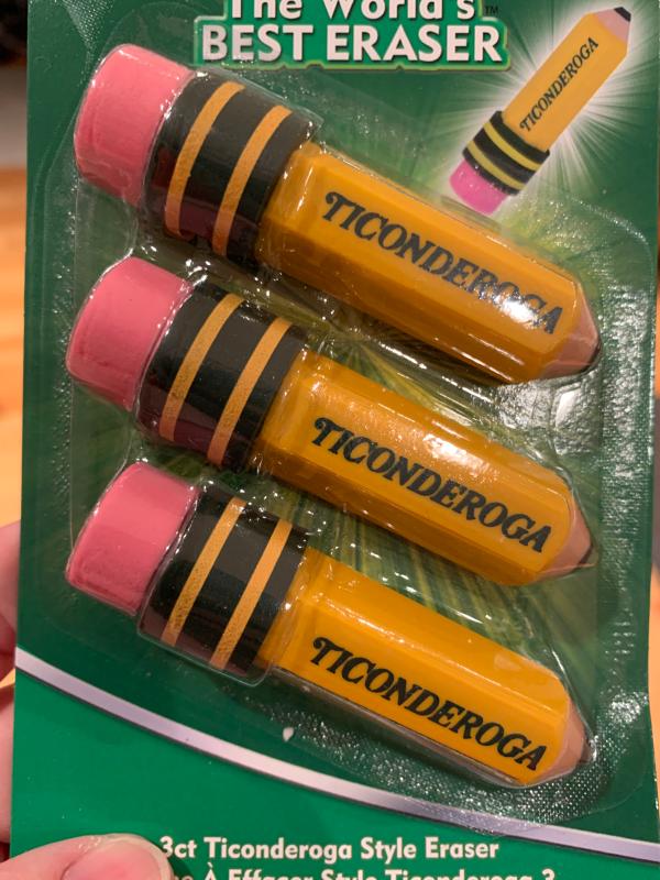 Ticonderoga Erasers, Pencil Shaped, Latex-Free, Yellow, 3-Pack (38953)