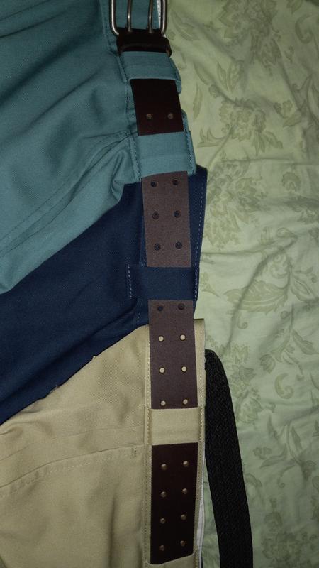 3 pairs of pants, the belt only fits properly in one pair of pants. The fit is too snug in the other pants and it could tear the belt loops because the course leather edges.