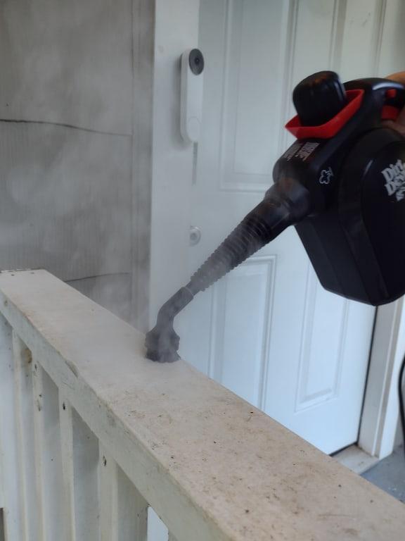 Dirt Devil handheld steamer with scrubber attachment in action!