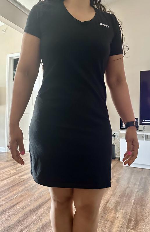 DKNY Abito Corto Logo Con Borchie - Manica Corta, Scollo A V, Colletto - Nero, Taglia S Donna