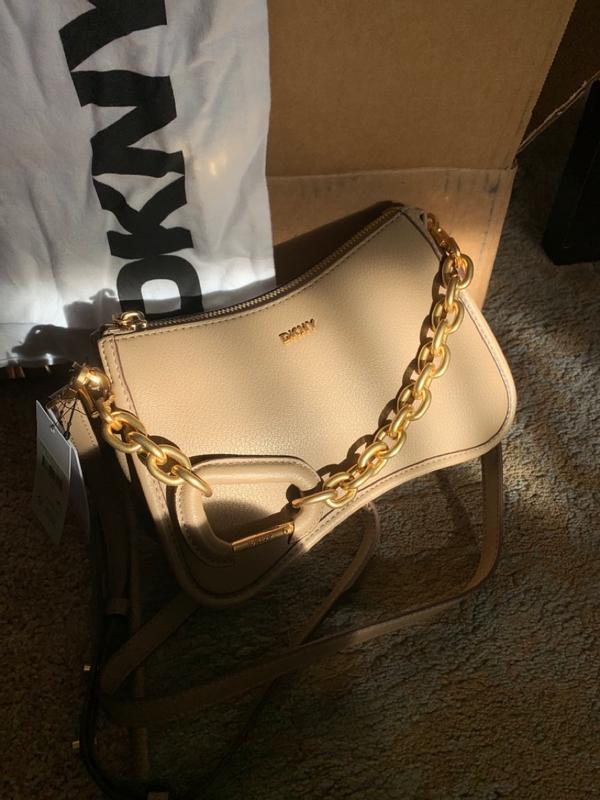 DKNY Small Leather and Canvas Logo Purse store w/ Gold Chain and Leather Strap