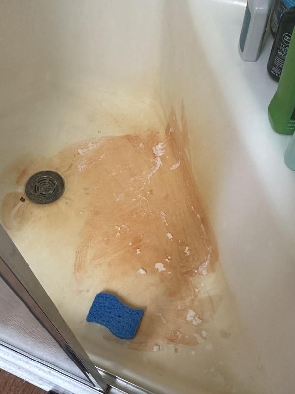 Turning the hard water stain red. The white spots toward the door are where it exploded yesterday.