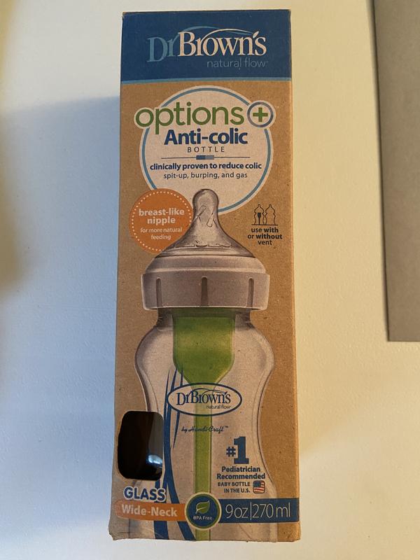 Dr. Brown's Natural Flow® Anti-Colic Options+™ Wide-Neck Glass Baby Bottle,  with Level 1 Slow Flow Nipple