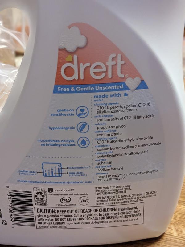 Dreft Free & Gentle Baby Liquid Laundry Detergent, 64 loads, 92 fl oz, Free  of Dyes and Perfumes for Families