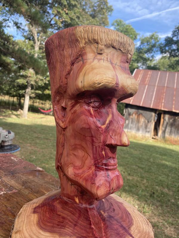Current project: Red Cedar Frankenstein. Chainsaw, angle grinder, and Dremel