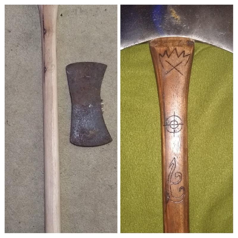 Antique trailblazer double bit, carved and burnt strength, accuracy, fire. American Hickory handle